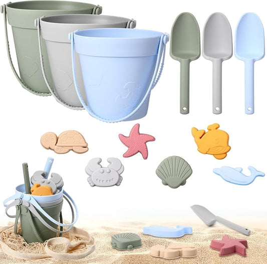 Hungdao 13 Pcs Silicone Beach Toys Travel Beach Set Sand Toys Including 3 Silicone Buckets 3 Shovels 6 Sea Creature Sand Molds 1 Bag for Kids Boys Girls Summer Pool Outdoor Bath(Green Gray Blue)