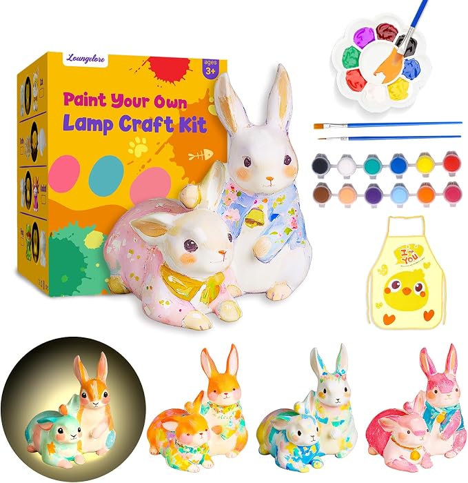 Loungelore Paint Your Own Bunny Lamp Kit, DIY Rabbit Night Light, Arts and Crafts for Kids Ages 8-12, Crafts for Kids Ages 4-8, Creativity Painting Kit Toy for Girls Ages 3 4 5 6 7 8 9 10 11 12+
