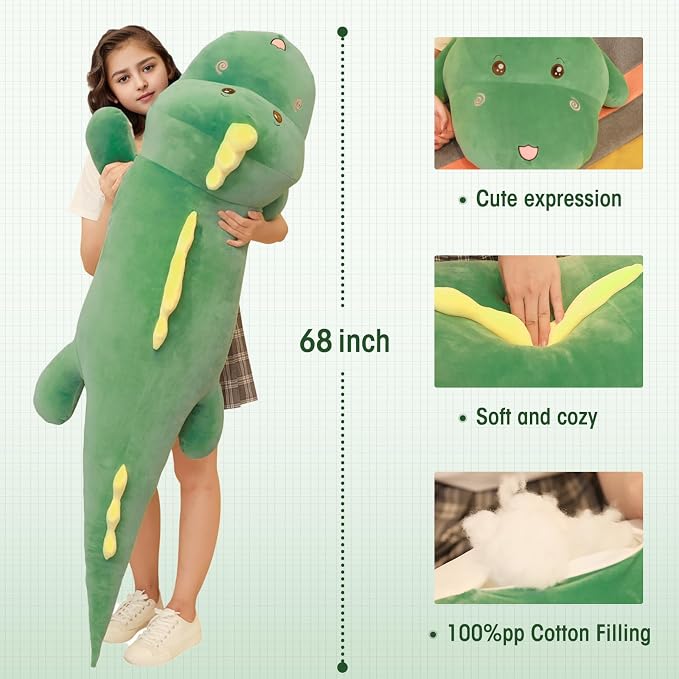 Tianmihou 68 Inch Giant Dinosaur Plush Pillow, 5.6 Feet Jumbo Green Dinosaur Stuffed Animal, Huge Soft Dino Body Pillow, Large Dinosaur Plushie Cuddle Toy, Birthday Gift for Kids Boys Girls