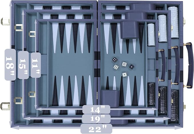 Backgammon Set - Classic Board Game with Premium PU Leather Case - Portable Travel Strategy Backgammon Game Set for Adults, Kids Family Game Night, Vacation & Gifts (18inch Large, Gray)