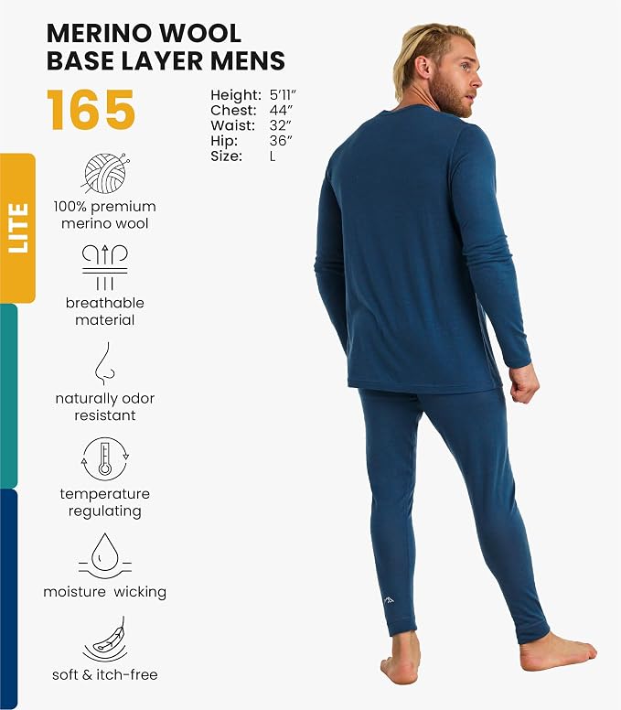 Merino.tech Merino Wool Base Layer Mens Set - Heavyweight, Midweight, Lite Merino Wool Thermal Underwear For Men Top, Bottom