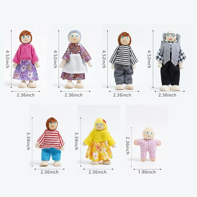 7PCS Wooden Dollhouse Dolls for Playing House Gifts for Children, Wood, Articulated Pretend Play Figures, Smooth Splinter-Free Wood, Montessori Family Set - 4.5In (Classic)