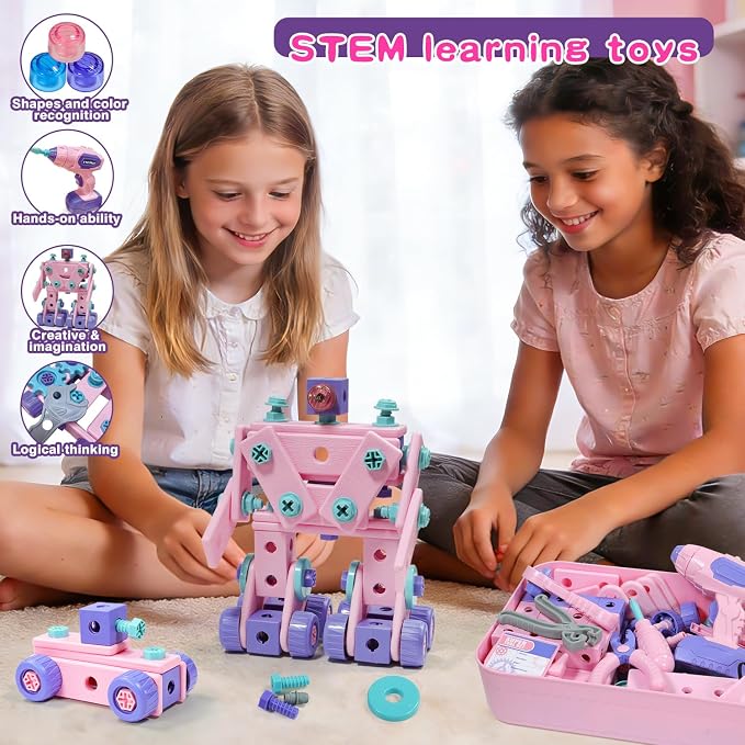 Design and Drill Toy - Toddler Tool Set with Drill & Toolbox, Create And Design Drill Kit Stem Toys for Kids Ages 3-6, Toddler Building Educational Construction Toy for 3-6 Year Old Girl (PINK)