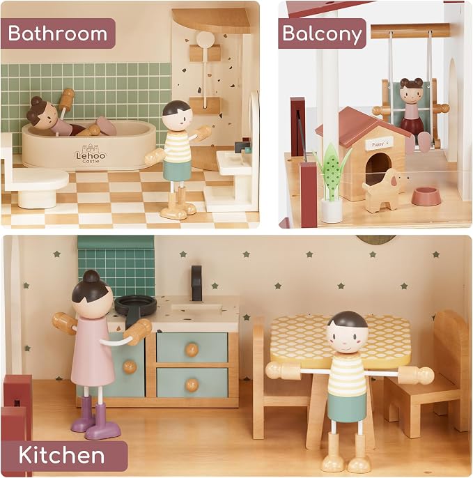 Lehoo Castle Wooden Dollhouse for Girls, Realistic Doll House with 5 Rooms & 38 Accessories, DIY Pretend Play Dream Dollhouse with Doll and Furniture, Ideal Creative Gift for Ages 3+