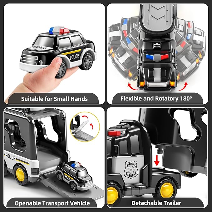 JUKUDAHU Police Truck Toy for 3-9 Years Old Boys & Girls - 7 in 1 Black Carrier Vehicle Set with 5 Toy Cars & 1 Helicopter, Friction Powered Car for Kids Age 1-3, Birthday Gifts for Toddlers 3-5