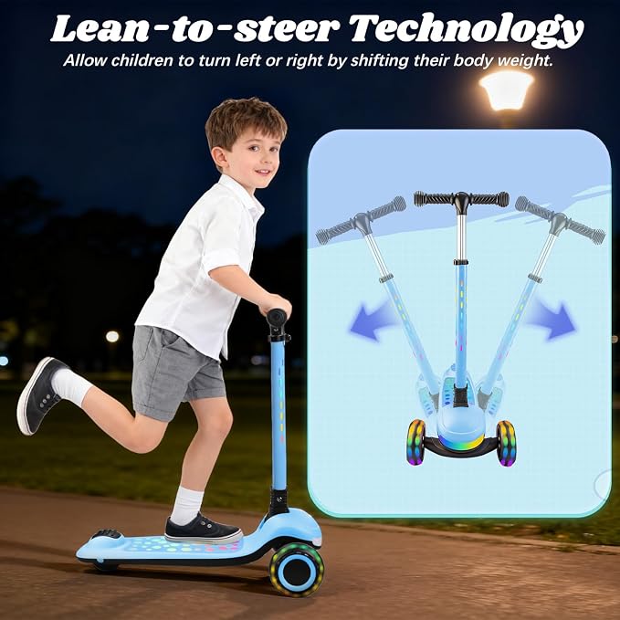 Light Up 3 Wheel Kick Scooter for Kids Toddlers with LED Sync Lights, Flashing Stem & Wide Polka Dot Deck Adjustable Height Music Function Safe Sturdy Folding Scooter for Kids