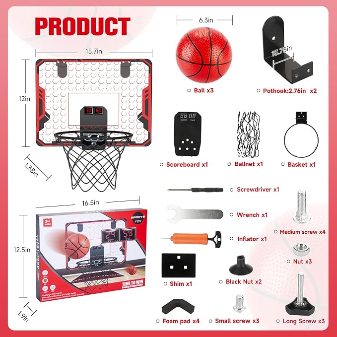 Basketball Hoop Indoor for Kids(4-12 Years Old), Over The Door Basketball Hoop with Scoring, Countdown and Music Accompaniment, Christmas Toys