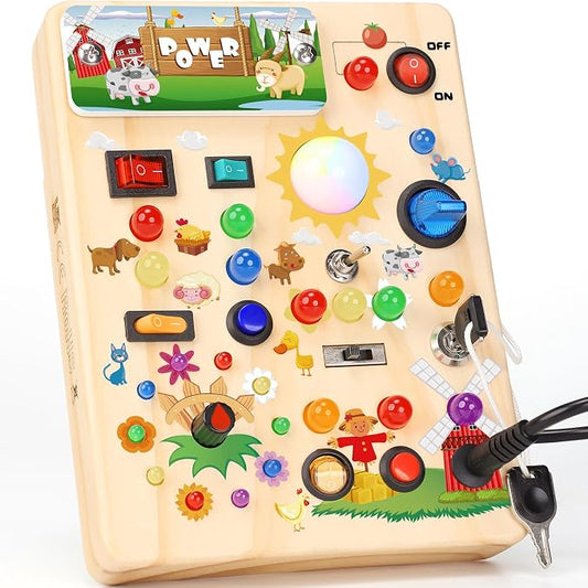 RichBoy Montessori Toy Busy Board for 1-3 Year Old Toddlers, 37-in-1 Sensory Toy with 24 LED Lights, Educational Travel Toy for Airplane Car Rides, First Birthday for Boys Girls (Farm 6.7" X 5.3")