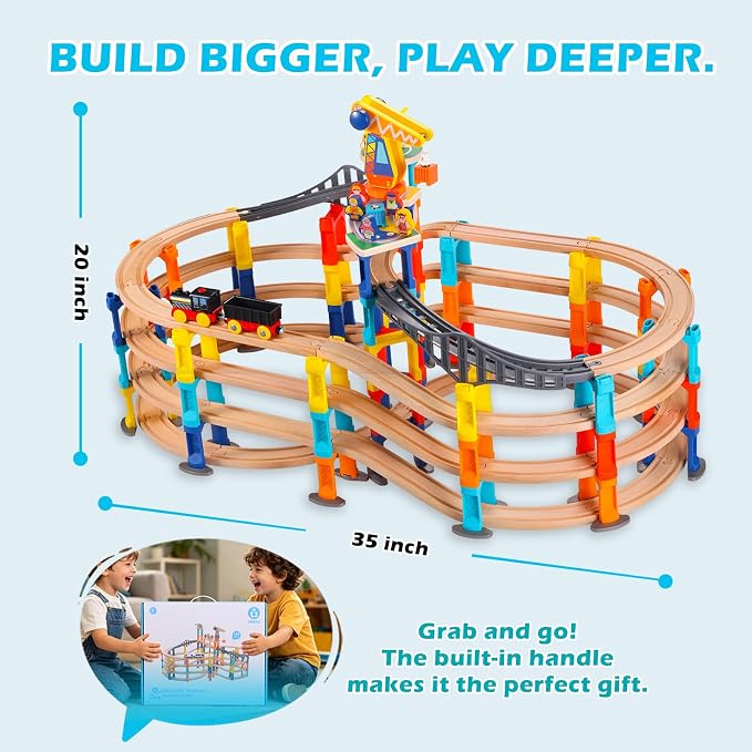 120Pcs Wooden Train Tracks Set, 398-inch Track Expansion, Toddler Railway Bridge Toy Train Set with Airplane and Magnetic Crane, Birthday Gifts for Boys and Girls, Compatible with All Major Brands