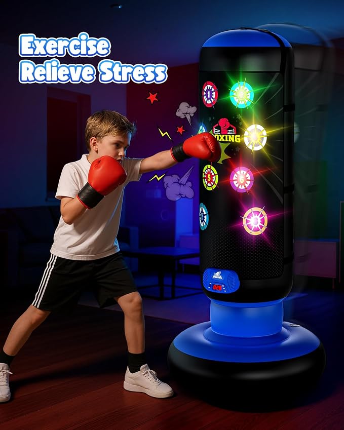 HopeRock Punching Bag for Kids, Boxing Set with Scoring, Light, Music, 4 Game Modes, Inflatable Boxing Bag with Gloves, Birthday Gifts Toys for 4-8-12 Years Old Boys