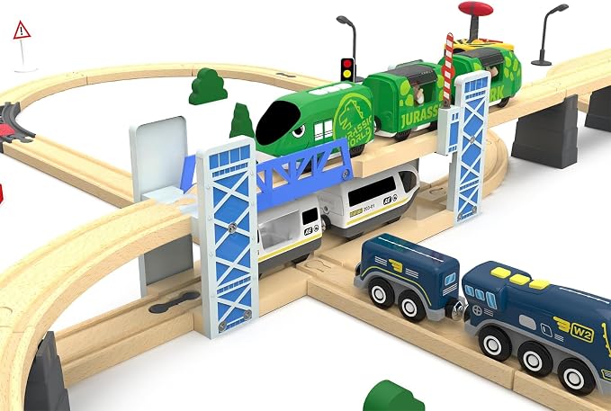 Z MAYABBO Wooden Train Set Accessories Wood Railway Bridge for Railroad Tracks, 2-Level Overpass Compatible for All Railway Tracks System