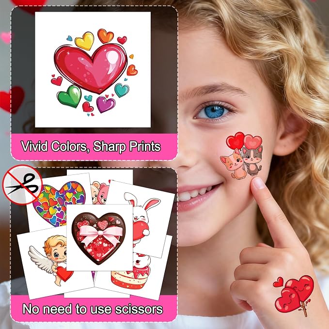 JCFIRE Valentines Day Stickers for Kids Temporary Tattoos, Heart Stickers for Valentines Day Gifts for Kids Classroom Exchange, Waterproof Decals for Party Favors, Goodie Bags, Crafts