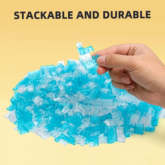 800 Pieces Building Bricks, 5 Sizes Building Pieces, Classic Slope Block Bulks - Compatible with All Major Brands, Transparent Blue/White