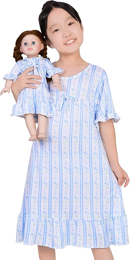 MHJY Matching Girls & Doll Nightgowns Vintage Short Sleeve Sleepwear Pajamas Dress for Girls and 18" Girl Doll