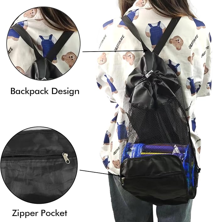 INVODA Mesh Beach Bag Drawstring Beach Backpack Foldable Toy Organizer Bag Shell Adjustable Straps Large Capacity Swim Bag