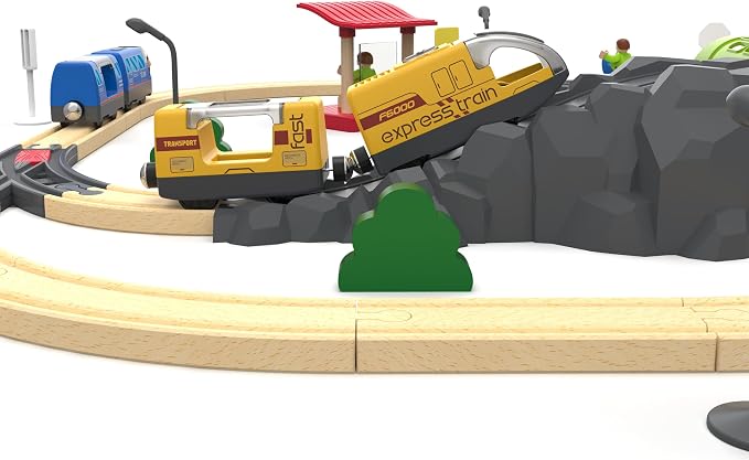 Battery Operated Train for Wooden Track, Electric Train Set Includes Remote Control Locomotive Train & Train Tunnel, Motorized Train Toy for Toddlers Compatible with Thomas, Brio, Chuggington