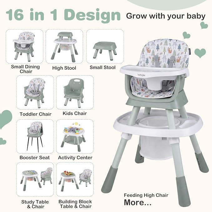 BABY JOY 16 in 1 High Chair, Convertible Baby Highchair for Babies and Toddlers with Activity Center, Booster Seat, Building Block Table, Toddler Chair with Safety Harness, Removable Tray (Green)