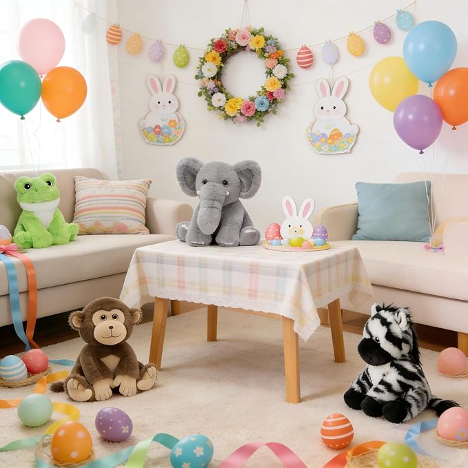 MaoGoLan 4Pcs Small Stuffed Animals Bulk, Safari Jungle Animal Plush Toys Set - Elephant Monkey Zebra Frog, Soft 8" Zoo Stuffed Animals for Kids, Birthday Party Favors Classroom Rewards