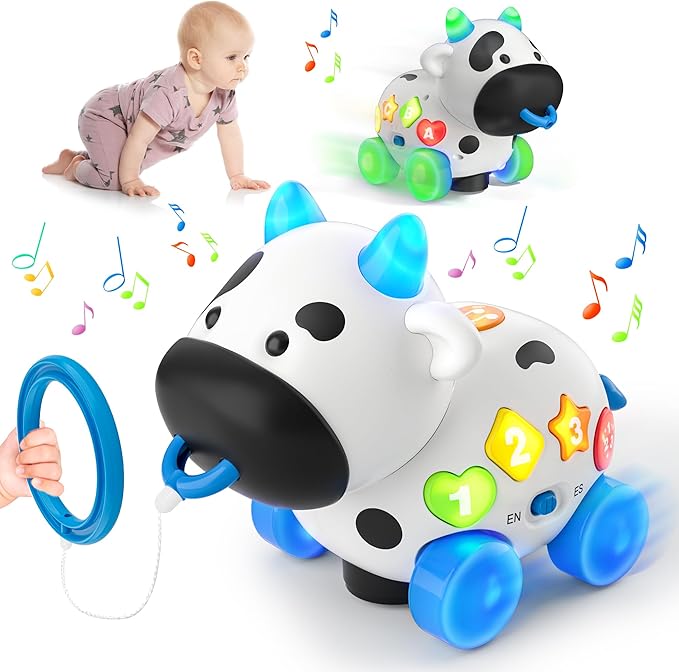 Baby Toys 6-12 Months, Bilingual Musical Cow Crawling & Pull Along Toy, English Spanish Learning Toy with Lights, Animal Sounds, ABC & 123 for Toddlers 12-18 Months, First Birthday Gift for Boys Girls