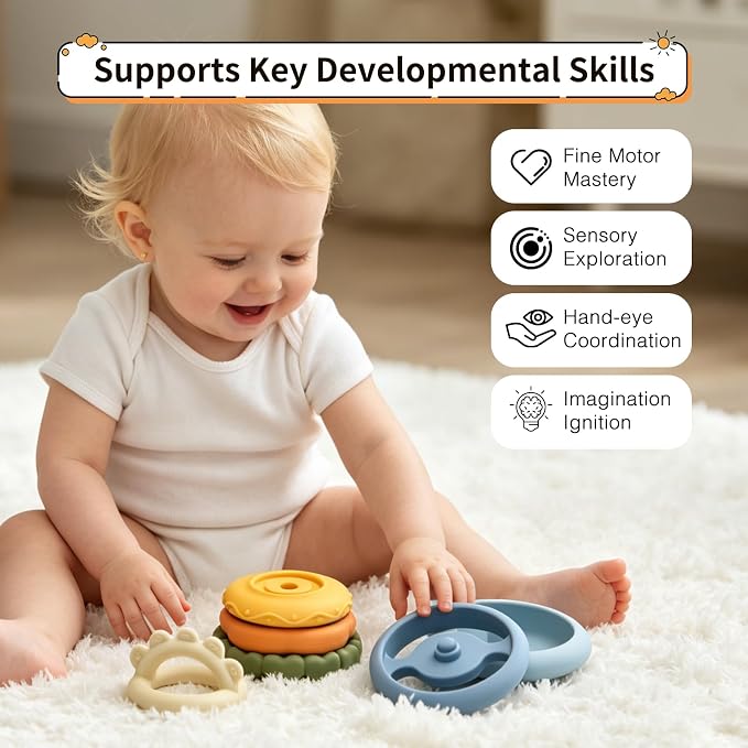 LITTLE RAWR 2-in-1 Baby Stacking Rings & Teething Toys, Food Grade Silicone Montessori Stacking Toy for Babies 6-12 Months, Sensory Learning & Fine Motor Skills Toy, Baby Gift for Boys Girls (Sun)
