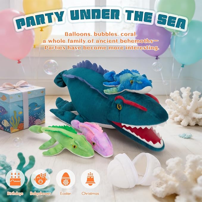 Blue Dinosaur Stuffed Animal,Giant Dinosaur Plush Toy,Mommy Mosasaur with Babies & Egg, Soft Mosasaurus Plushie,Realistic Dino Stuffy,Gifts for Kids Boys Girls Easter Christmas Birthday