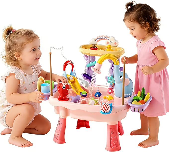 2027 Upgraded Toddlers 1-3 Water Table with Electric Pump, Kids Water Table with Faucet Play Food Accessories Fishing Toy, Kitchen Play Sink Toys for Girl Boy Age 4-8 (Pink)