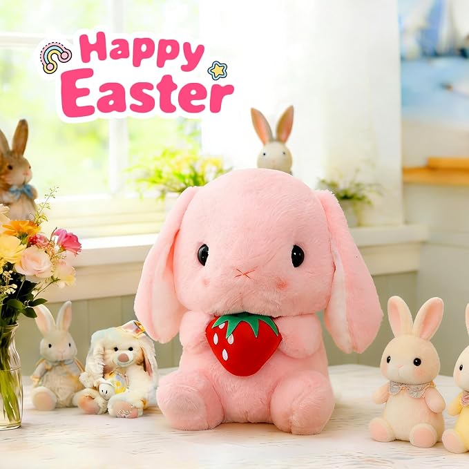 HOUPU Soft Toy - Sitting Lop Eared Rabbit, Easter White Rabbit Stuffed Bunny Animal with Carrot Soft Lovely Realistic Long-Eared Standing Pink Plush Toys (Pink-Strawberry,16.9in/43cm)