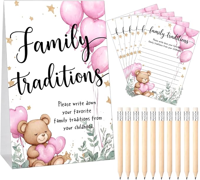 Fumete 61 Pieces Family Tradition Baby Shower Games Include 1 Family Traditions Standing Sign and 50 Activities Cards with 10 Pencils for Gender Reveal Bridal Shower Wedding(Pink,Bear)
