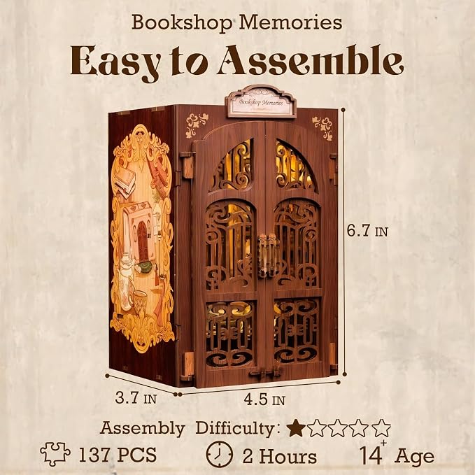 Fsolis Book Nook Kit - Booknook Bookstore (Bookshop Memory) | 3D Wooden Puzzles for Adults and Beginners, DIY Miniature House Kit Bookish Gifts for Women Book Lovers