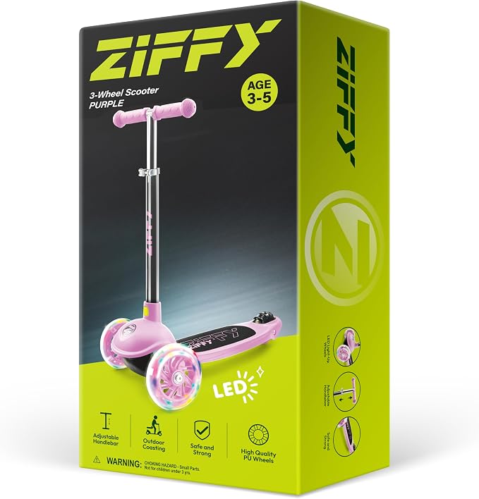 JOVA ZIFFY Multicolor 3 Wheel Scooter for Kids 3-5, Toddler Kick Scooters with LED Light-Up Wheels for Boys and Girls, 5 Adjustable Height and Lean-to-Steer Design, Support up to 110 lbs