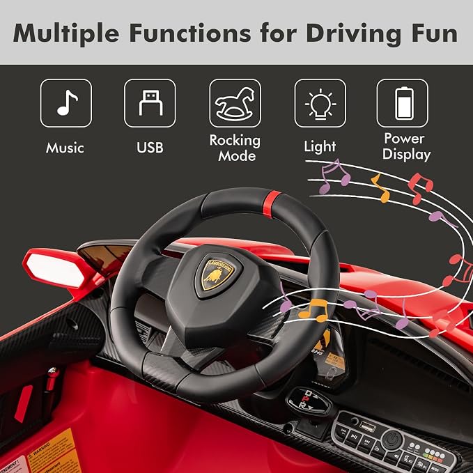 INFANS 2 Seater Kids Ride on Car, 12V 4WD Licensed Lamborghini Veneno Powered Electric Vehicle with Hydraulic Doors, Rocking Mode, Adjustable Speeds, Remote Control, MP3, Headlight (Red)
