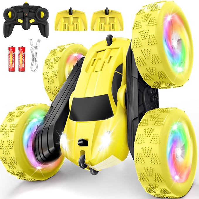 Remote Control Car, Outdoor Toys RC Cars for Kids Ages 6-12, 4WD Double Sided Stunt Vehicle with Upgraded USB-C Modular Batteries, 5 6 7 8 9 10+ Year Old Boy Birthday Yellow