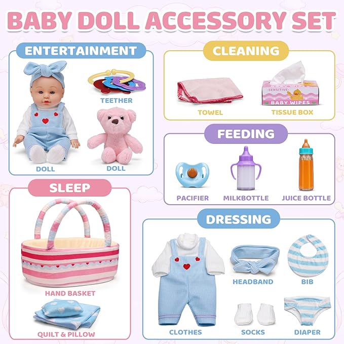 Uzoxlsn 15 Pcs Baby Doll Accessories with 12" Doll, Cotton Carrier Bassinet, Bedding, Feeding & Caring Set, Magic Bottle, Pacifier, Diaper, Blanket, Pretend Play Game Gift for Girls Age 3+ Toddler