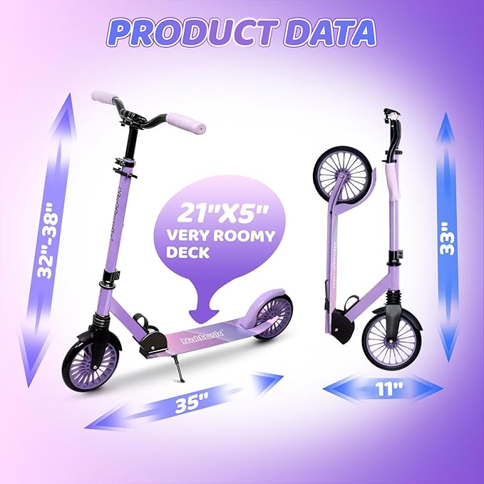 Nattork Kick Scooter for Age 6+ Kids Teens Adults, Max Load 240 LBS, Adjustable Height Foldable with 8" Large Wheels, Anti-Shock Suspension