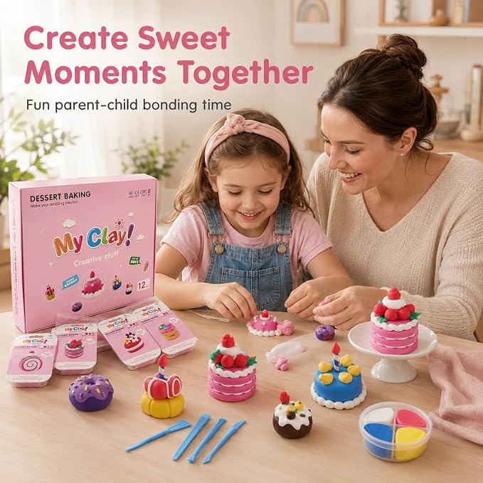 Air Dry Clay Kit for Kids, 12 Dessert Baking Modeling Clay for Kids, DIY Model Magic Clay with Tools and Tutorials, Soft&Non-Sticky, Safe&Non-Toxic Magic Clays,Creatible Art Crafts Toys Gifts