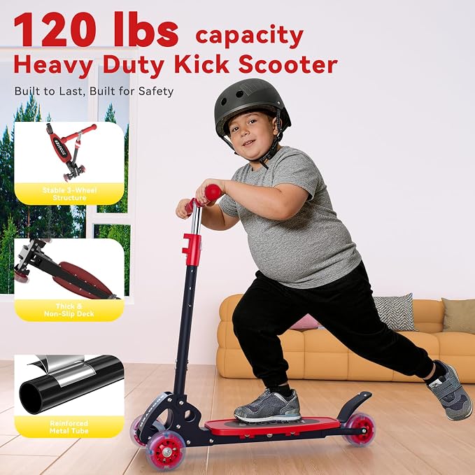 Scooter for Kids Ages 3-5, LED Light Up 3 Wheel Toddler Scooter with 4 Adjustable Heights, Lean-to-Steer Wheels, Safe Metal Brake, Foldable Kick Scooter for Boys Girls, Support 120 lbs, Birthday Gift
