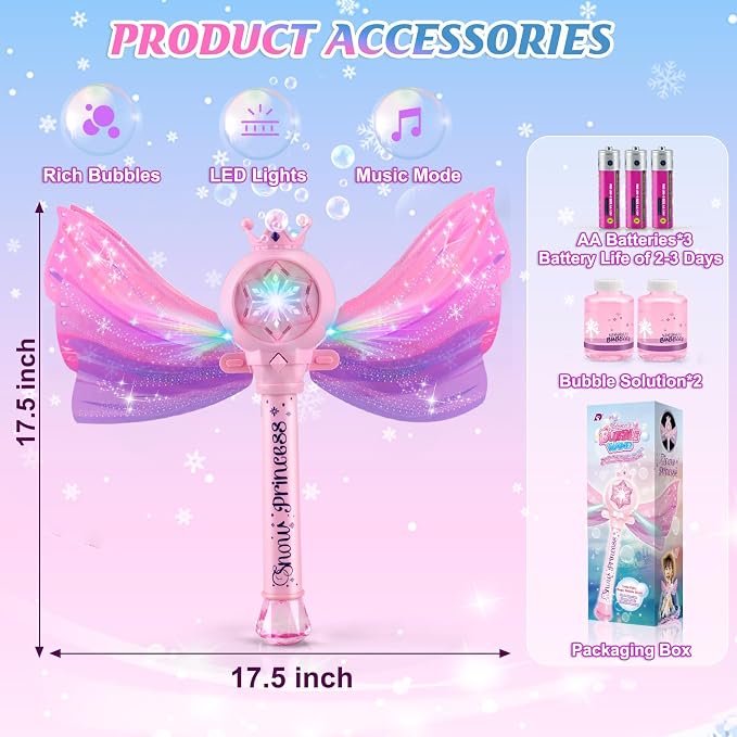 Bubble Wands for Kids Girls - LED Light & Music Bubble Machine: 3 AA Batteries & 2 Bubble Solutions, Outdoor Party Birthday Toys for Toddlers, Gift for 3 4 5 6 7 8 Year Old Girls