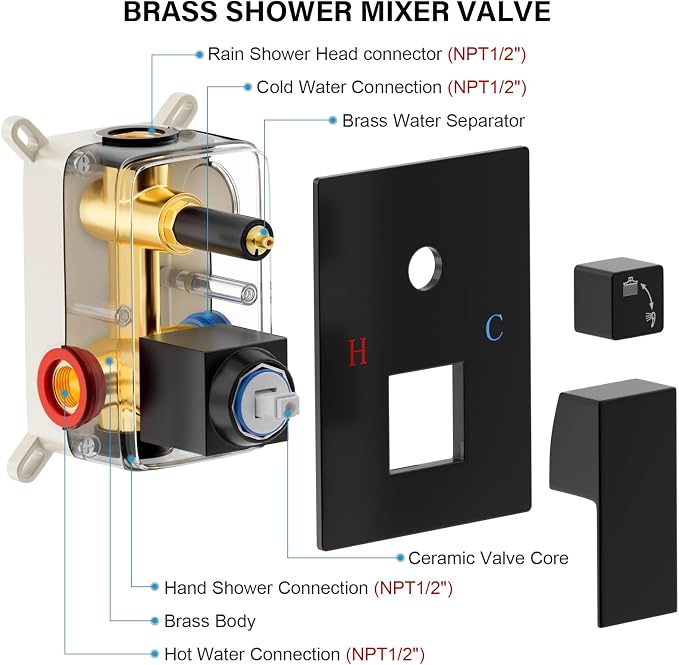 FPXRNG Black Shower Faucet Set, Rainfall Shower System with Square Shower Head and Handle Set, Wall Mounted Shower Fixtures, Full Metal Trim Repair Kit 8 inch Matte Black (With Shower Valve)