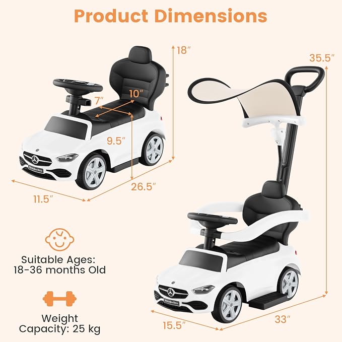 OLAKIDS Push Car for Toddlers, 3 in 1 Licensed Mercedes Benz Baby Sliding Walking with Parent Control Handle Adjustable Canopy Guardrail Under Seat Storage, Kids Ride on Toys with Horn (White)