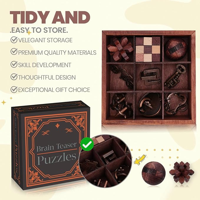 9 Pcs Brain Teaser Puzzles for Adults Teens - Brain Teaser Puzzles with Wooden Box 3D Puzzle Game Toys for Adults Teens - Unlock Interlocking Puzzle Adults Teens IQ Education Smart Toys