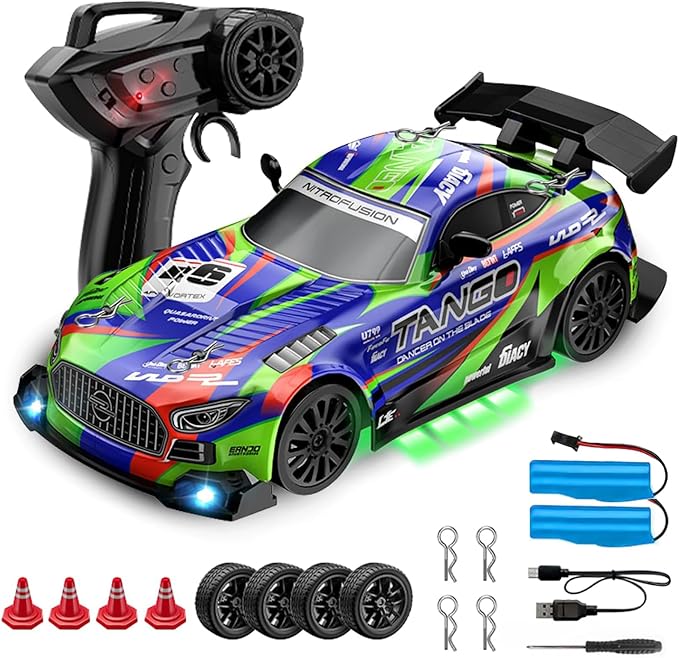 Drift RC Car for Electric Toy Car Hobby Racing Car Toys with Controller,1:24 4WD High Speed RC Drift Cars with LED Lights,Extra Drifting Tires＆Two Batteries,Racing Sport Toy,Vehicle for Adults＆Kids