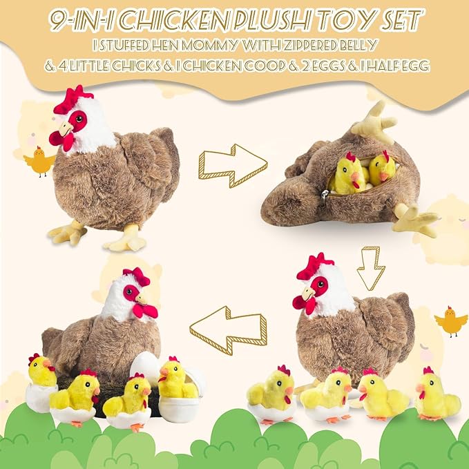 9 in 1 Chicken Stuffed Animal, Stuffed Chicken Toys for Kids Zippered Egg Laying Hen Chicken Plush with Baby Chicks, Eggs and Coop for Christmas Birthday Gifts Farm Party Decors