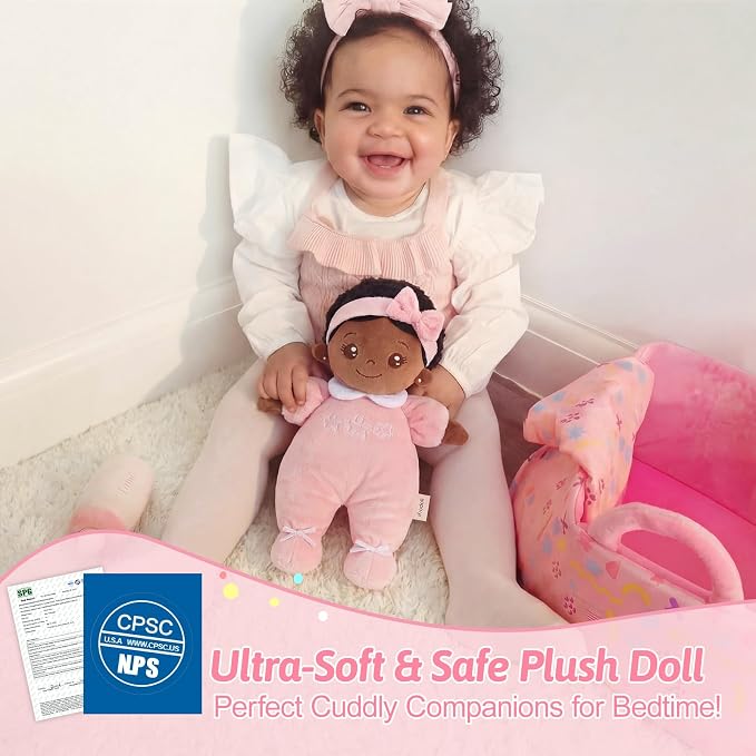 OUOZZZ 10" Black Baby Doll Accessories with Soft Doll, Bassinet, Blanket and Bottle, Toys for 2 Year Olds Girls Birthday Gift, Interactive Pretend Playset for Social Emotional Learning