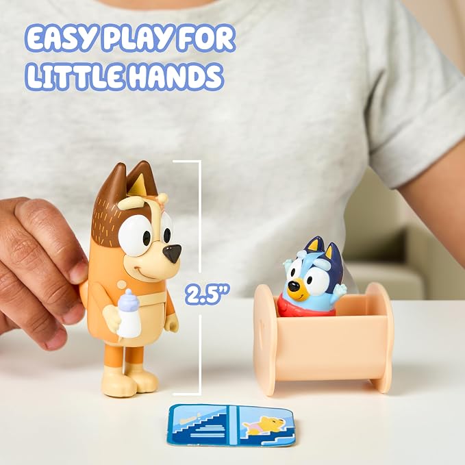 Bluey Baby Race Toy Figurines Pack of 2, Articulated Character Toys with Chilli, and Baby in Cradle Accessory, Small Action Figures Ages 3+