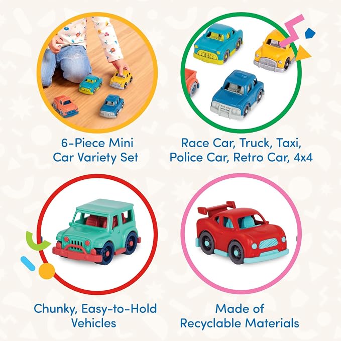 Battat – Wonder Wheels – Set of 6 Mini Toy Cars for Kids – Race Car, Truck, Taxi, Police, Retro, 4x4 – Pretend Play – Recyclable Materials – Mini Riders – 1 Year +