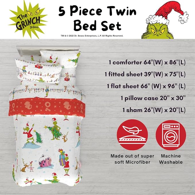 Grinch by Dr. Seuss Holiday & Christmas Bedding Soft Comforter and Sheet Set with Sham, 5 Piece Twin Size, (Official Dr. Seuss Product) by Franco