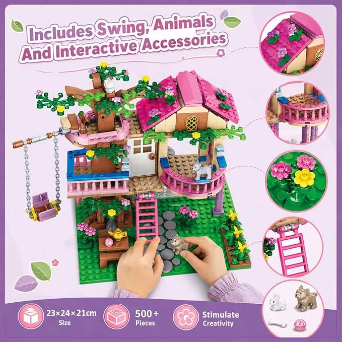 CSNRHG Tree House Building Set Multi Level Forest House Swing Animal Figure | Display Model for Home Decor and Creative Building with Balcony Telescope Ladder Garden Scene Size