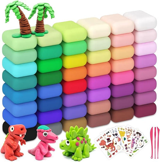 Air Dry Clay 48 Colors，Modeling Clay for Kids, with 3 Sculpting Tools and 6 Sheets Dinosaur Stickers, Safe & Non-Toxic, DIY Molding Clay Gift for Boys and Girls