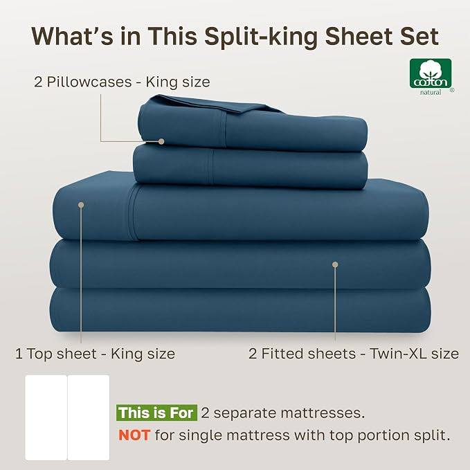 California Design Den Soft Split King 100% Cotton Sheet Sets, 400 TC Good Housekeeping Award Winner, Silky Sateen Weave with Deep Pockets, Long Staple Cotton Split King Bed Sheet Set - Peacock Blue