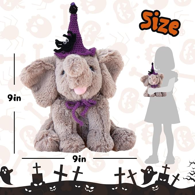 Hopearl Adorable Halloween Plush Calf Elephant Toy with Knitted Witch Hat Floppy Elephish Ultra Soft Haggable Stuffed Animal Gift for Boys Girls Kids Toddlers, Gray, 10''